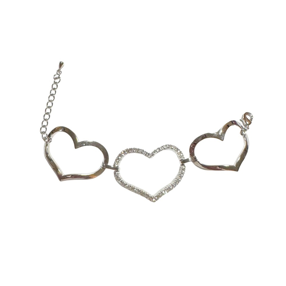 Elegant Silver Three Heart Clear Rhinestone Bracelet Love Valentines Day Romance